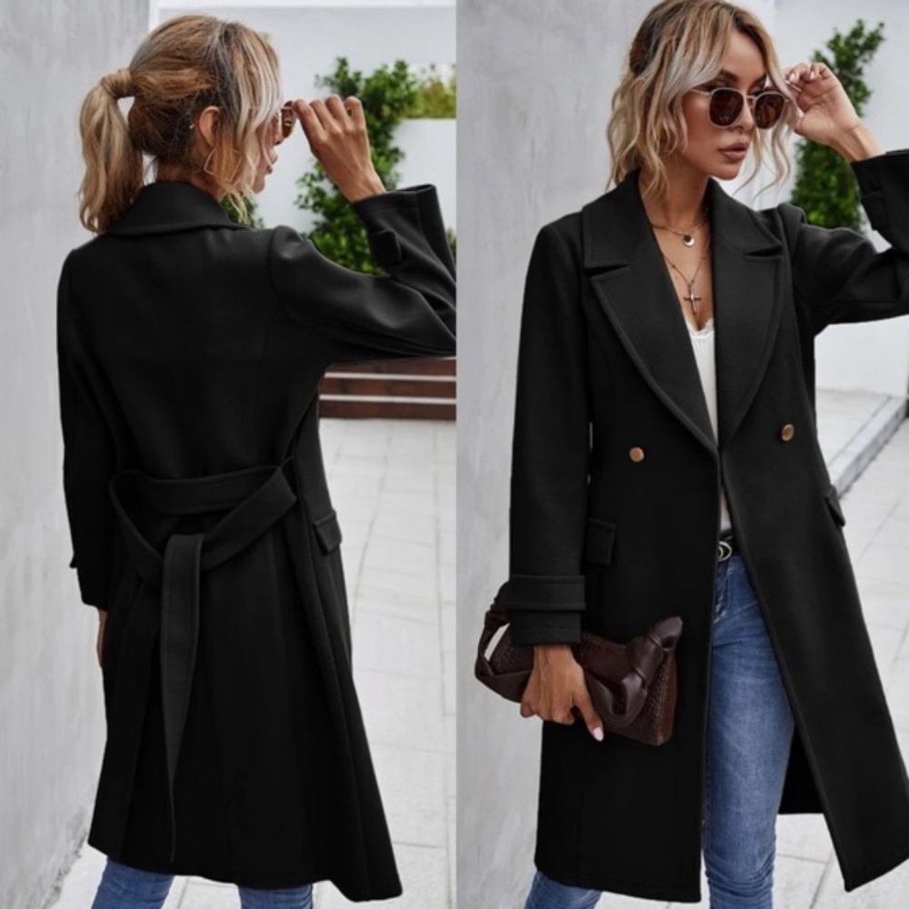 Trench Coat Double Breast Buttons belt pea coat - Picture 7 of 16